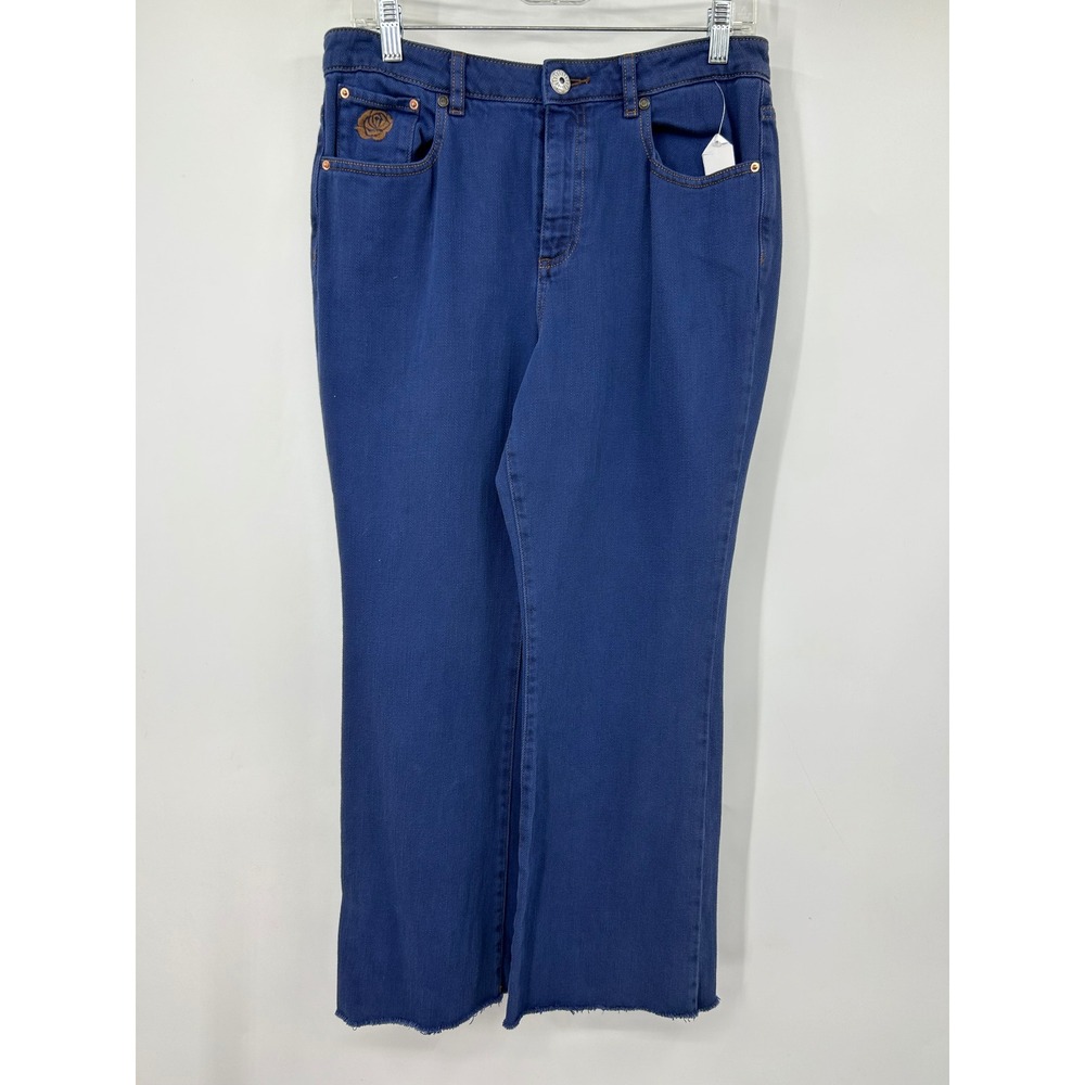 Maliparmi Luxury Jeans Blue Frayed Hem Rose Embroidery Straight Leg Pants 29